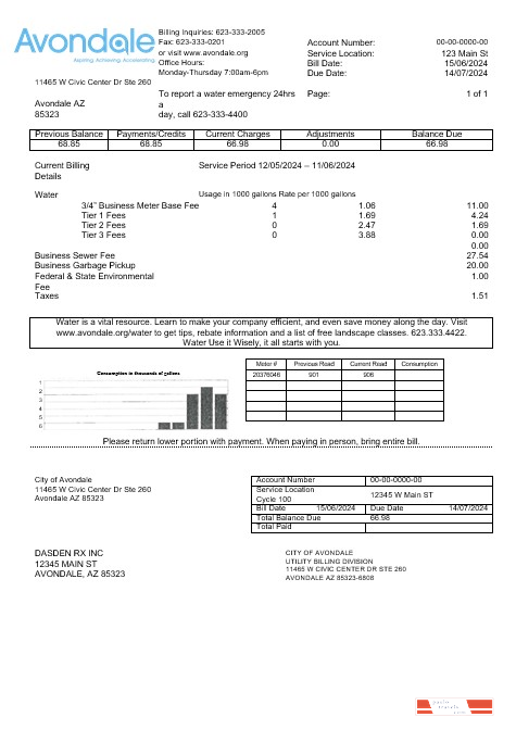 USA Arizona The City of Avondale Water business utility bill template in Word and PDF formats